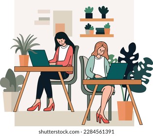 female entrepreneur sitting and working in a cafe illustration in doodle style isolated on background