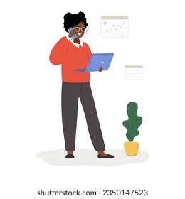 Female entrepreneur. Successful african woman talking on phone and holding laptop. Modern office worker or business expert. Vector illustration in flat cartoon style.