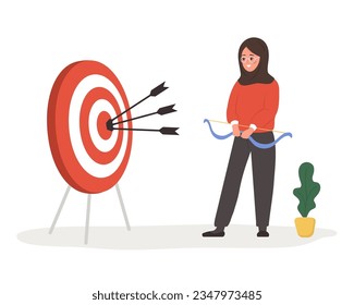 Female entrepreneur. Successful arab woman with bow shooting target with arrows. Financial or job goal achievement, motivation development. Career and leadership. Vector illustration in cartoon style.