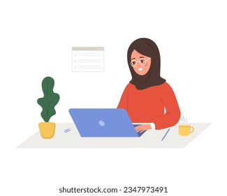 Female entrepreneur. Successful arab woman sitting at table with laptop and solves work issues. Modern office worker or business expert. Vector illustration in flat cartoon style.