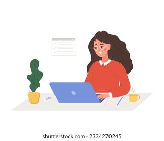 Female entrepreneur. Successful woman sitting at table with laptop and solves work issues. Modern office worker or business expert. Vector illustration in flat cartoon style.
