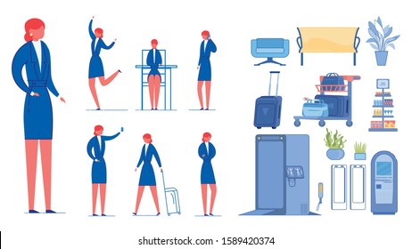 Female Entrepreneur Vector Cartoon Character Set. Businesswoman in Different Poses and Airport Accessories Flat Illustrations. Business Trip, Tourism, Travel Decorative Design Elements Pack