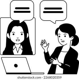 Female Entrepreneur Video Call Online with Partner Meeting by Laptop work from home Business Illustration Scene Concept
