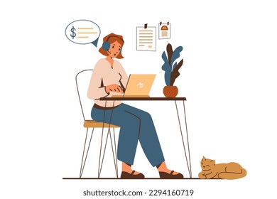 Female entrepreneur work vector illustration. Young woman sits at a desk, looks at a laptop and communicates through headphones and internet. Isolated on white background.