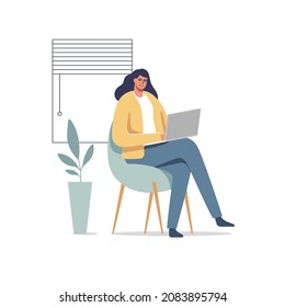 Female entrepreneur working with a laptop in a little office or home. Vector illustration.