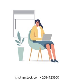 Female entrepreneur working with a laptop in a little office or home. Vector illustration.