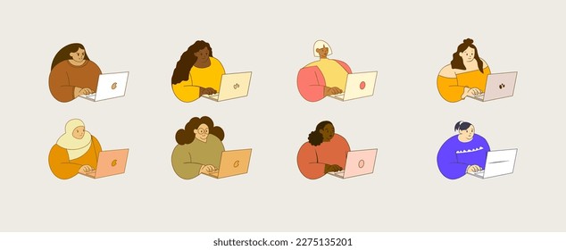 Female Entrepreneur Working on Laptop Set Vector Illustration