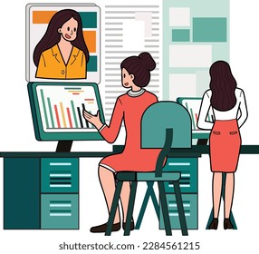 Female entrepreneurs are having online meetings illustration in doodle style isolated on background