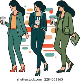 female entrepreneurs resting and drinking coffee illustration in doodle style isolated on background