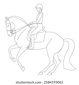 Female equestrian riding a horse in dressage pose, simple black and white line drawing