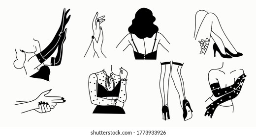 Female erotic silhouettes on a white background. The style of burlesque. Gestures of hands, feet, gloves on the hands. Nail stickers, wall stickers. Black line. Vector.
