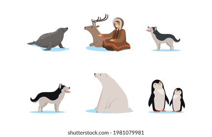 Female Eskimo Character in Traditional Clothing and Arctic Animals Vector Set