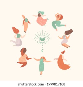 Female Esoterics Witch Space.Magician Women Circle Dancing Around Eye Of Providence,Self Knowledge.Ritual Dance Together.Esoterics Sacred Woman Power.Female Empowerment Energy.Flat Vector Illustration