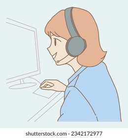 Female E-sport gamer talking over headset. Call center agent wearing headset. Hand drawn flat cartoon character vector illustration.