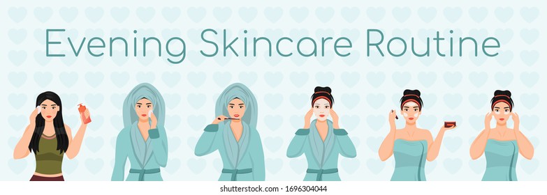 Female evening skincare routine flat color vector characters set. Face daily procedures isolated cartoon illustrations on white background. Girl removing make up, applying sheet mask and cream