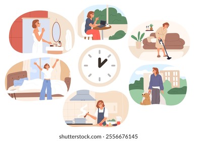 Female everyday routine. Daily schedule by hours. Woman works and rests. Walking with dog. Cooking and eating dinner. Active lifestyle scenes around clock face. Garish