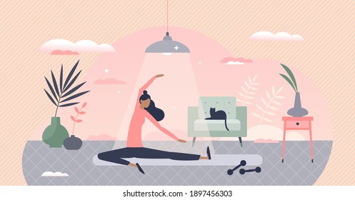 Female exercise as yoga stretching workout for body wellness tiny person concept. Jogging training for healthy figure and physical posture vector illustration. Sport activities at home for good shape.