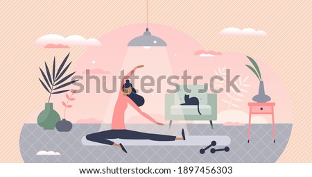 Female exercise as yoga stretching workout for body wellness tiny person concept. Jogging training for healthy figure and physical posture vector illustration. Sport activities at home for good shape.