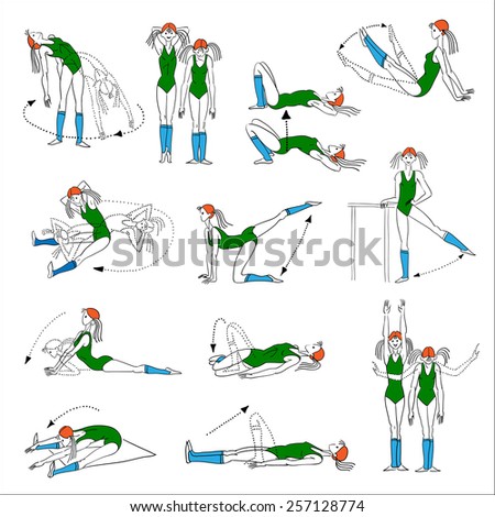  Female exercising . Keep fit exercise.Pilates poses set