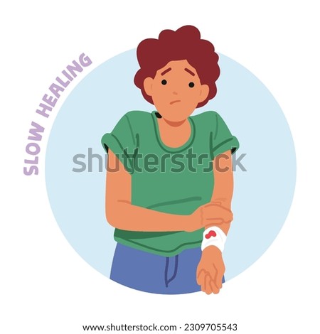 Female Experience Character Delayed and Slow Wound Healing, Symptom Of Diabetes. Woman with Bandaged Arm and Blood Spots, Concept of Reduced Response To Treatment. Cartoon People Vector Illustration