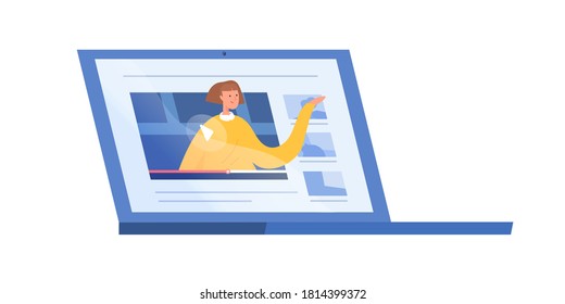 Female explaining or talking from screen of laptop vector flat illustration. Woman teaching at distance learning webinar isolated on white. Internet education, online study, courses or tutorial