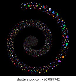 Female exploding whirlpool spiral. Vector bright multicolored scattered objects.