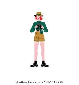 Female Explorer Character in Safari Clothes with Binoculars Vector Illustration