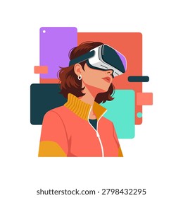 A female explorer delves into immersive digital worlds with a modern VR device surrounded by vibrant abstract planes. For technology promotion.