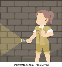 female explorers in the night with a flashlight