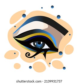 Female eye with Egyptian make-up in the form of the sign of the sun god Ra.