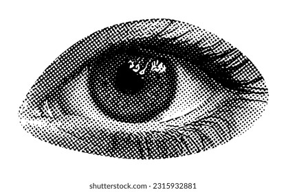 female eye with eyelashes isolated halftone dots texture black white bitmap retro vintage pop art style collage element for mixed media modern crazy design in white background