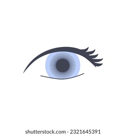 Female eye icon. Healthy open green eye with eyelashes and a brow. Eyesight examination. Contact lens and eyeglasses for good vision. Healthcare and ophthalmology concept. Flat vector illustration.