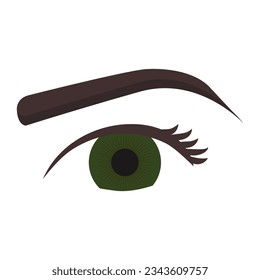 Female eye icon. Healthy open green eye with eyelashes and a brow. Eyesight examination. Contact lens and eyeglasses for good vision. Healthcare and ophthalmology concept. Flat vector illustration.