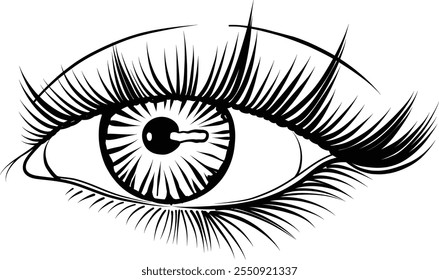 Female eye illustration, Eyelash extension logo. Realistic eye with long lash vector sketch. Eyelid. Beauty lash salon