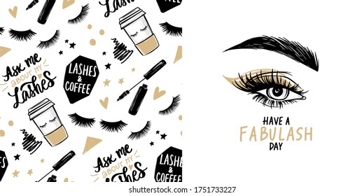 Female eye with long black eyelashes, golden eyeshadow, brows and vector seamless pattern with mascara, coffee cup. Makeup, beauty salon symbol, decorative cards.