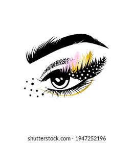 Female eye with long lashes and art make-up. Eyelash extension logo, graphic element. Vector illustration. Makeup master logo. For beauty salon, lash extensions maker, brow master. Woman eye logo.