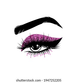 Female eye with long lashes and art make-up. Eyelash extension logo, graphic element. Vector illustration. Makeup master logo. For beauty salon, lash extensions maker, brow master. Woman eye logo.