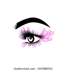 Female eye with long lashes and art flower petals make-up. Eyelash extension logo, graphic element. Vector illustration. Makeup master logo. For beauty salon, lash extensions maker, brow master. 