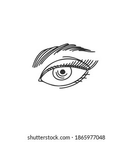 Female eye with makeup. Beautiful look, long eyelashes. Linear doodle style. Vector hand-drawn illustration. Isolated on white background. For print and web.