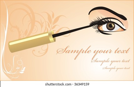 Female eye and mascara. Card. Vector