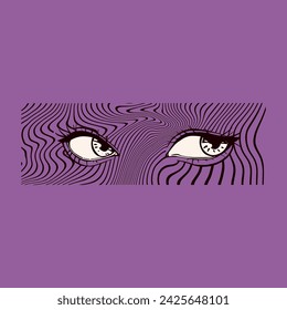 Female eye on the purple background of an abstract wavy line. Trendy vetcor illustration.