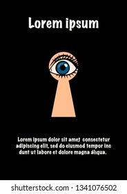 Female eye watching through keyhole. Poster template. Vector illustration