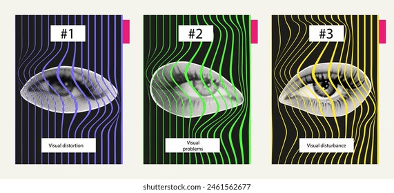 Female eye, wavy abstract shapes. Optical illusion of the eyes, vision distortion, identifying problems, poster. Contemporary collage art, visual distortion concept, visual impairment. Vector halftone