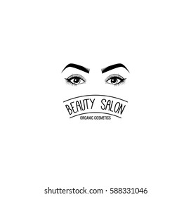 Female Eyes. Beauty Salon Label. Mascara for Eyelashes. Eye Makeup. Badge. Vector Illustration Isolated