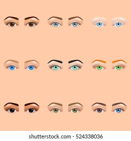 Female eyes and brows icons detailed realistic vector set