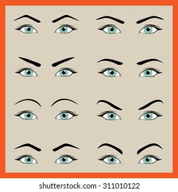 Female eyes with different forms of eyebrows on a beige background