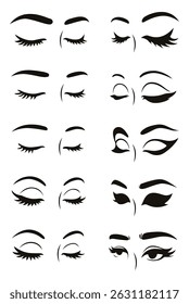 Female eyes and eyebrow vector set with closed lashes, eyeliner, beauty and makeup flat hand draw