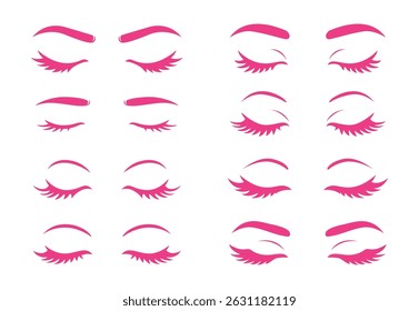 Female eyes and eyebrow vector set with closed lashes, eyeliner, beauty and makeup flat hand draw
