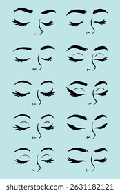 Female eyes and eyebrow vector set with closed lashes, eyeliner, beauty and makeup flat hand draw