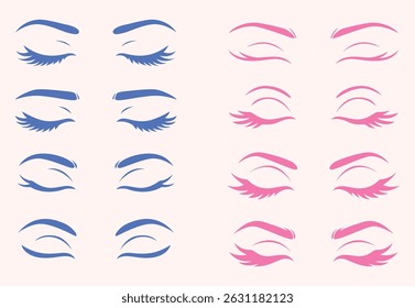 Female eyes and eyebrow vector set with closed lashes, eyeliner, beauty and makeup flat hand draw